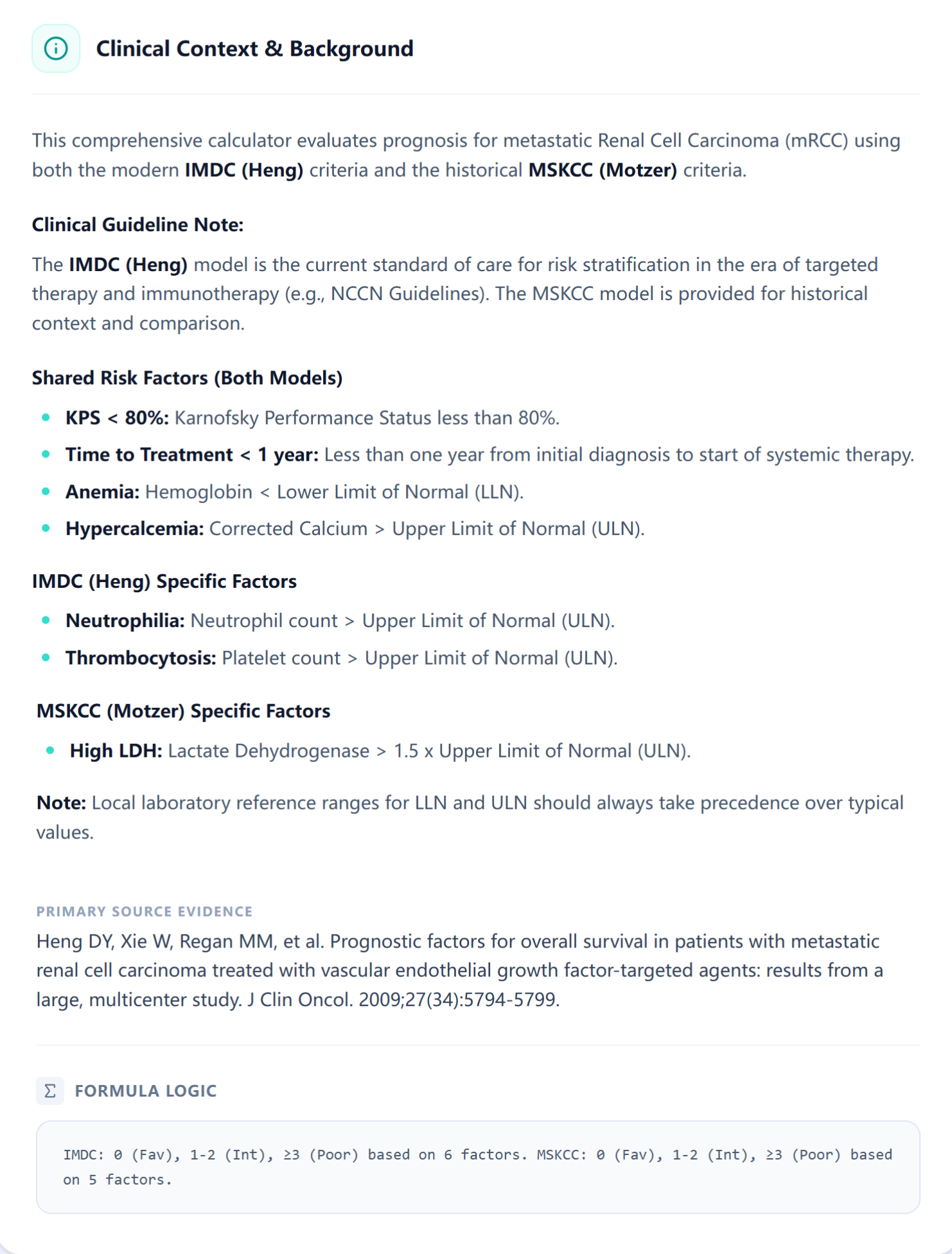 Overview screen summarizing IMDC and MSKCC criteria
